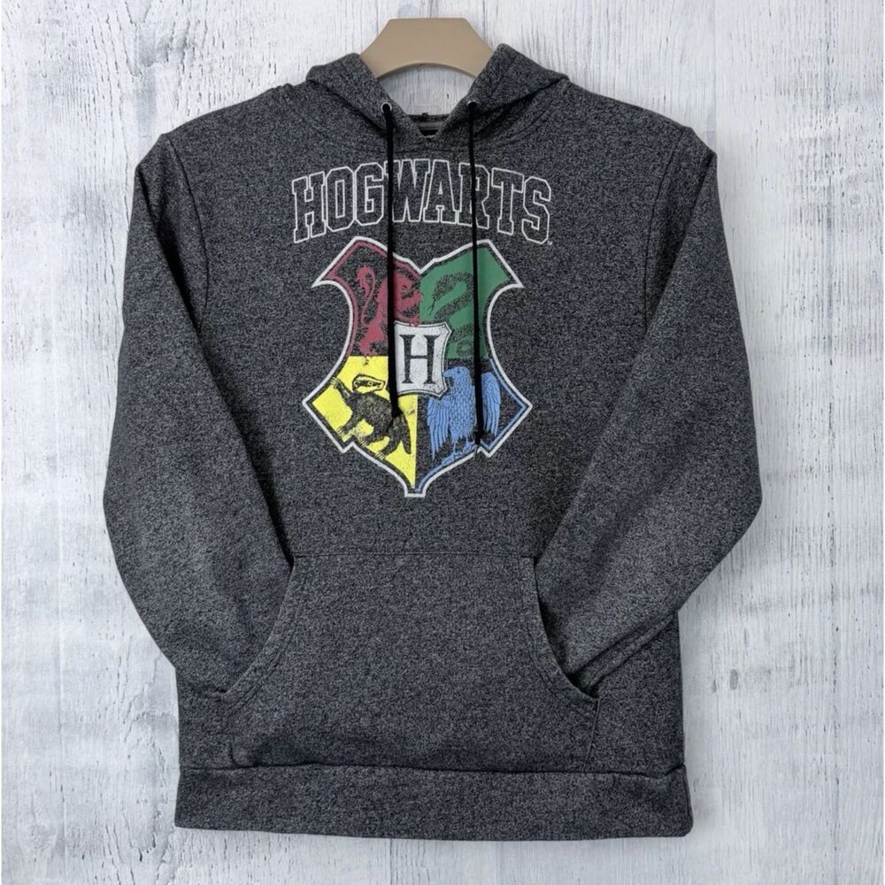 Harry Potter Hogwarts Crest Hoodie Mens S Charcoal Gray Graphic Sweatshirt